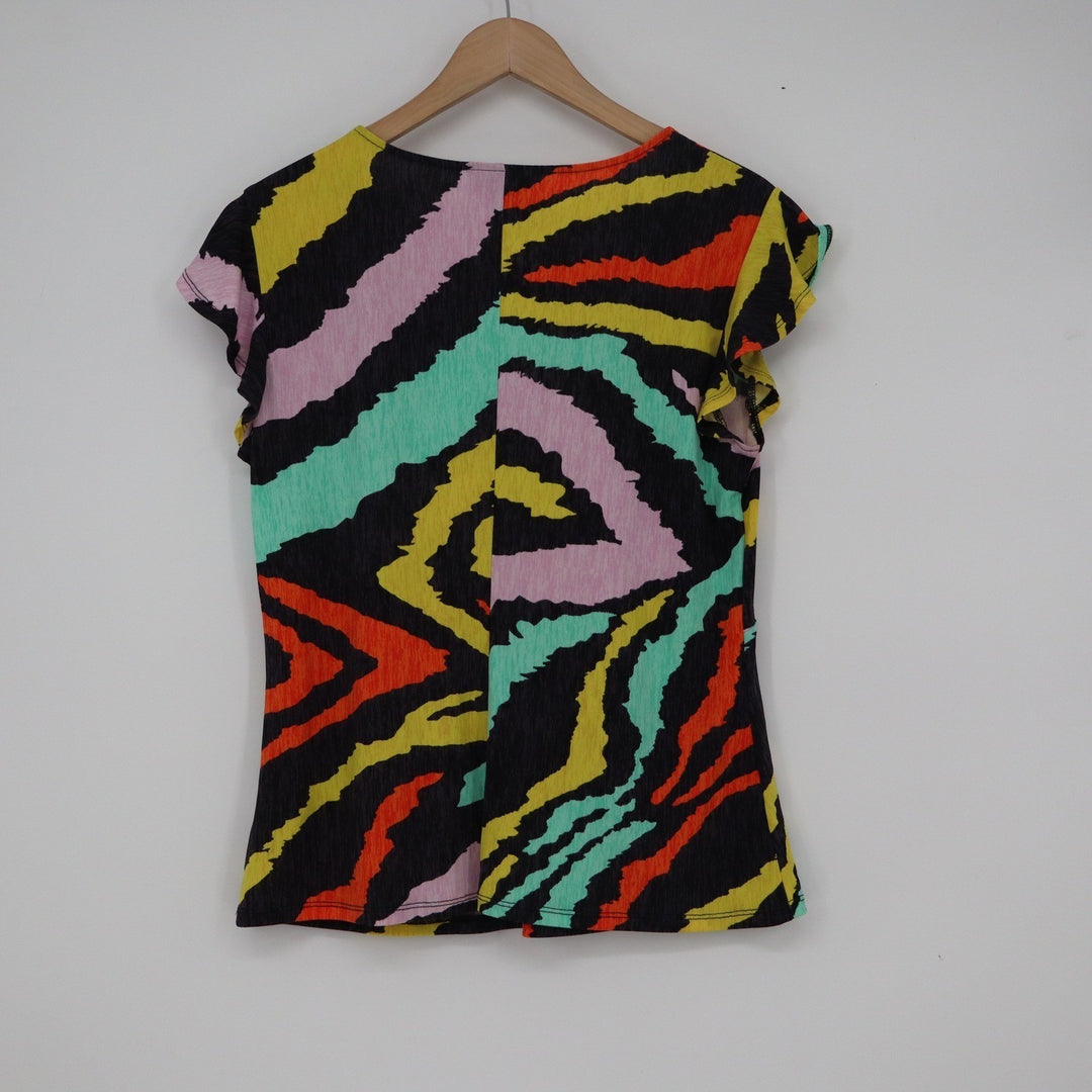 Bold Elements Womens Zebra Print V-Neck Flutter Sleeve Buckle Top Multicolor L