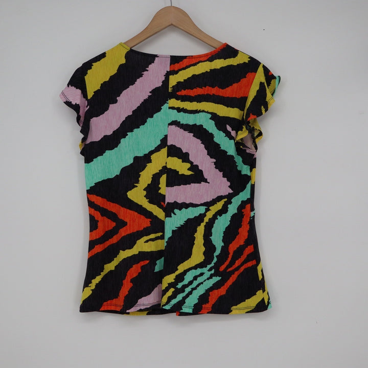 Bold Elements Womens Zebra Print V-Neck Flutter Sleeve Buckle Top Multicolor L
