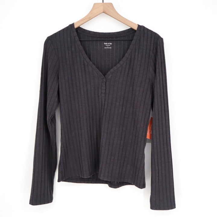 State Of Day Intimates Sleep Top Womens L Faded Black Stretch Ribbed Henley Neck