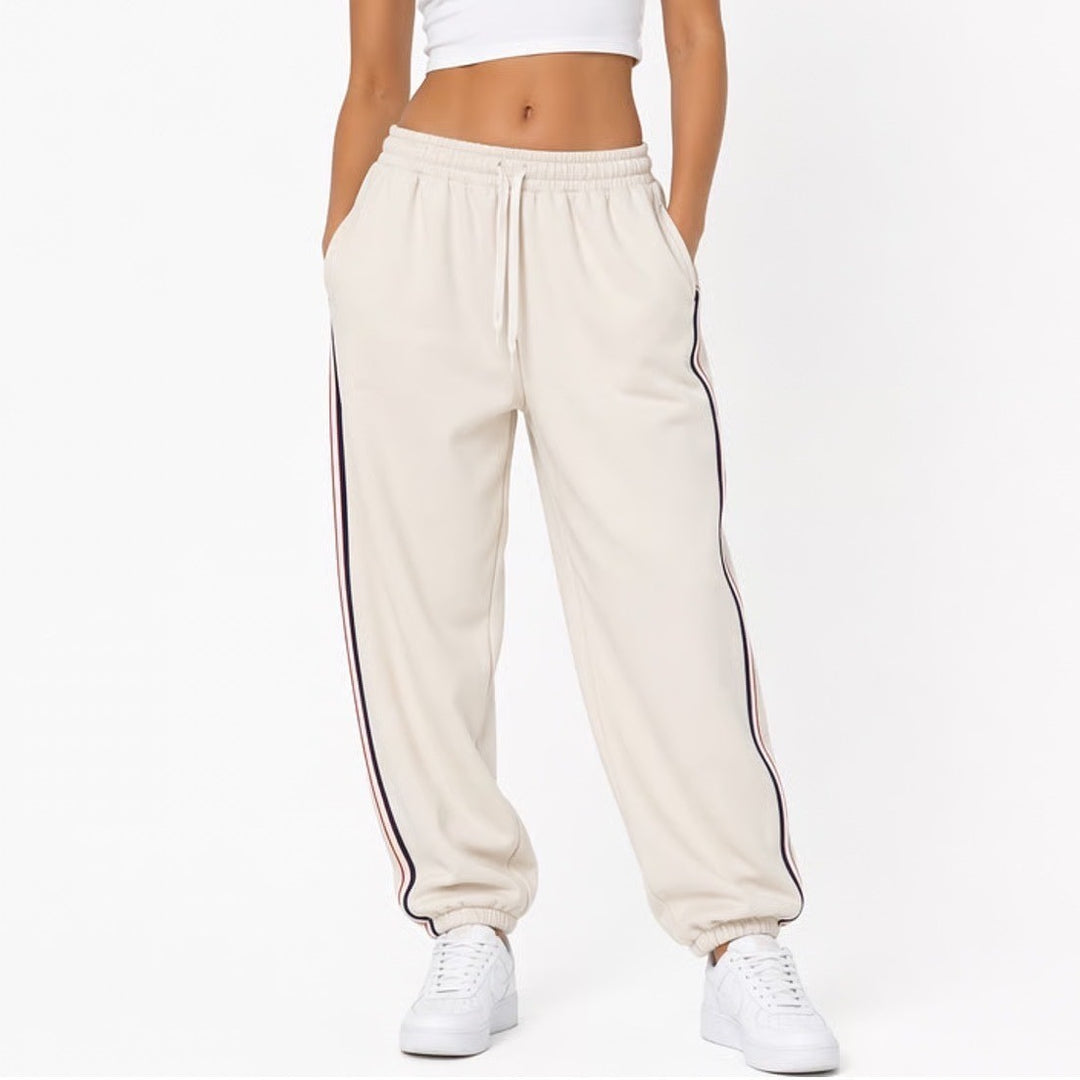 Lou & Grey Jogger Pants Womens Small Cream Side Stripe Cotton French Terry Lined