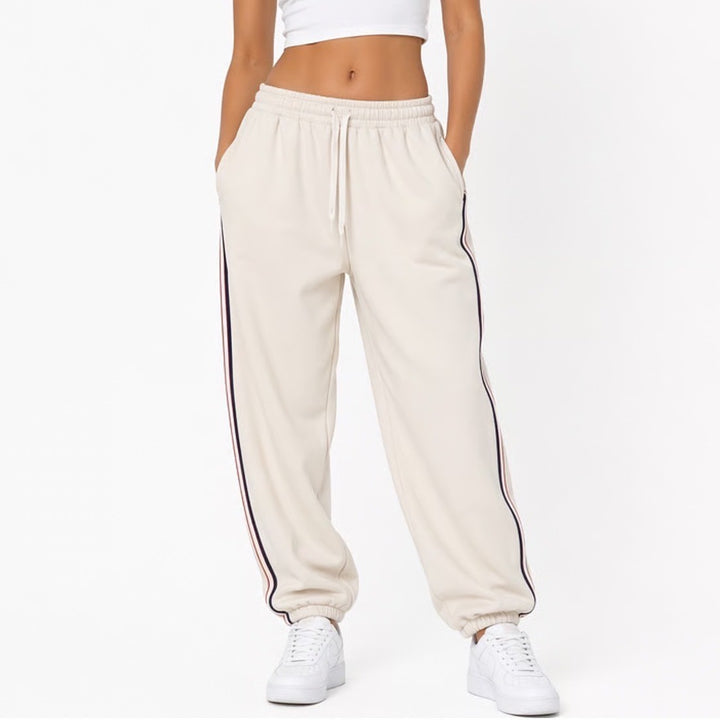 Lou & Grey Jogger Pants Womens Small Cream Side Stripe Cotton French Terry Lined