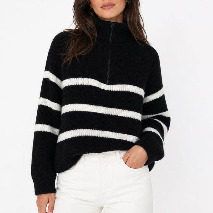 H&M Divided Womens Small Black White Striped Quarter Zip Turtleneck Sweater