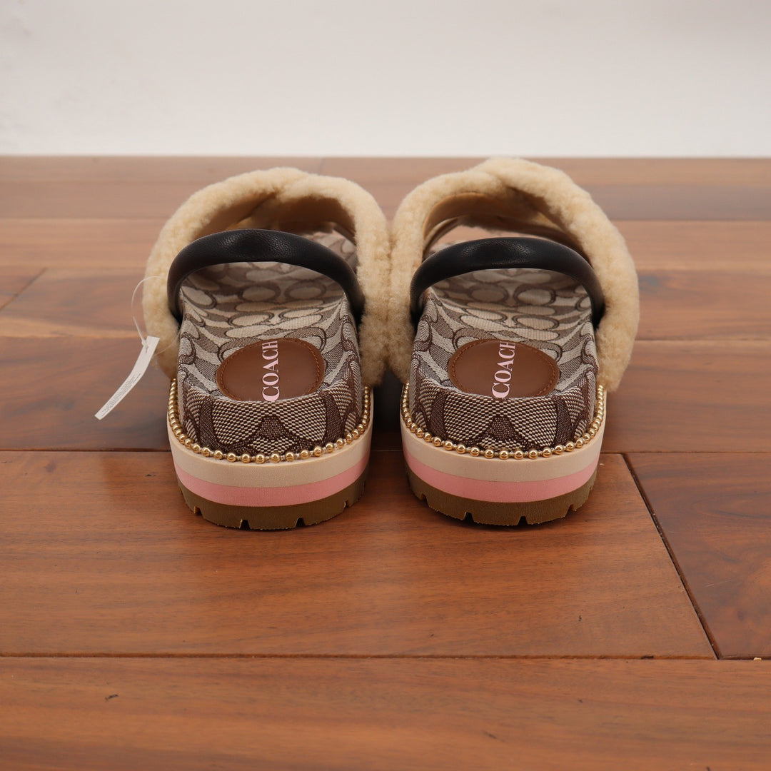 Coach Tally Shearling Sandal Natural Signature Monogram Size 8