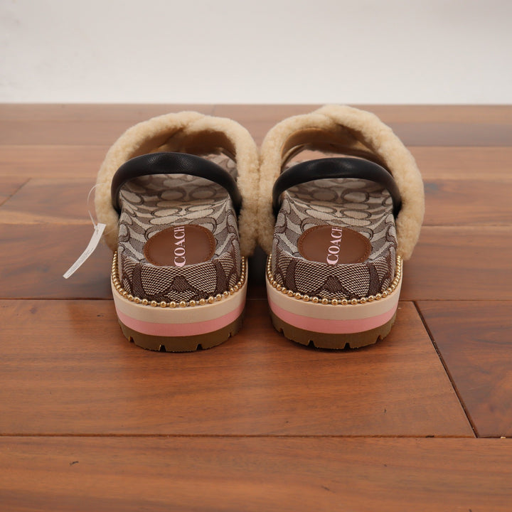 Coach Tally Shearling Sandal Natural Signature Monogram Size 8
