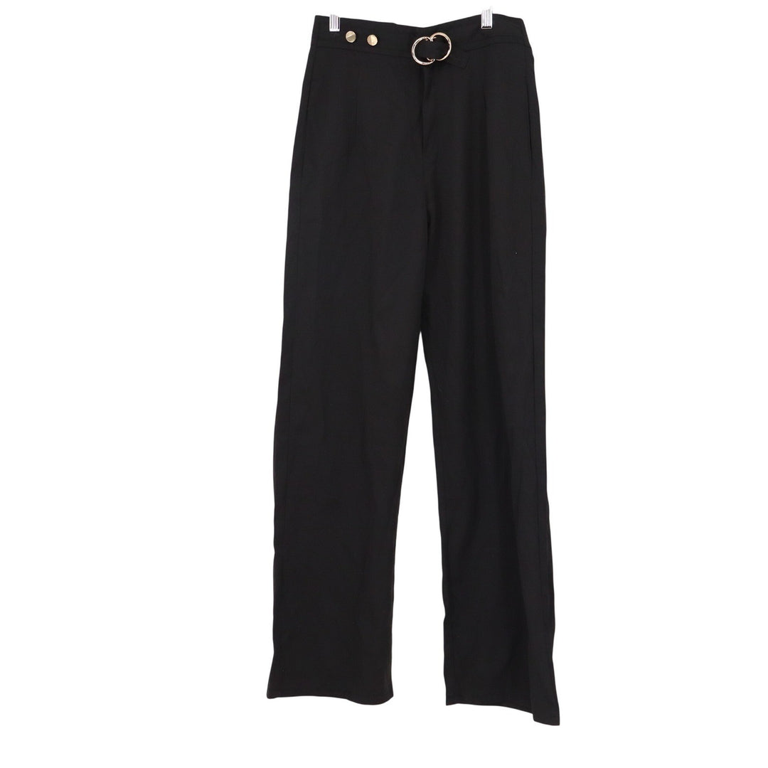 Womens Black High Waisted Wide Leg Trousers Gold Buckle Detail Dress Pants O/S