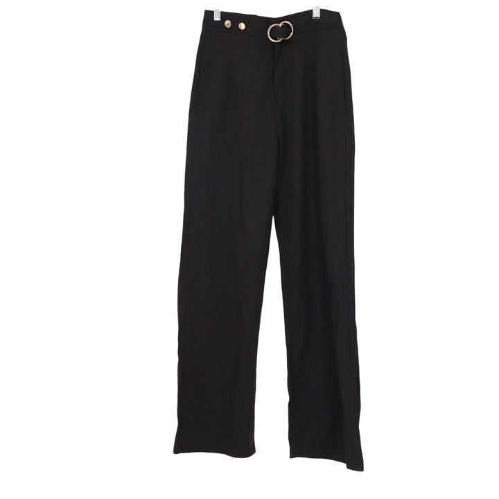 Womens Black High Waisted Wide Leg Trousers Gold Buckle Detail Dress Pants O/S