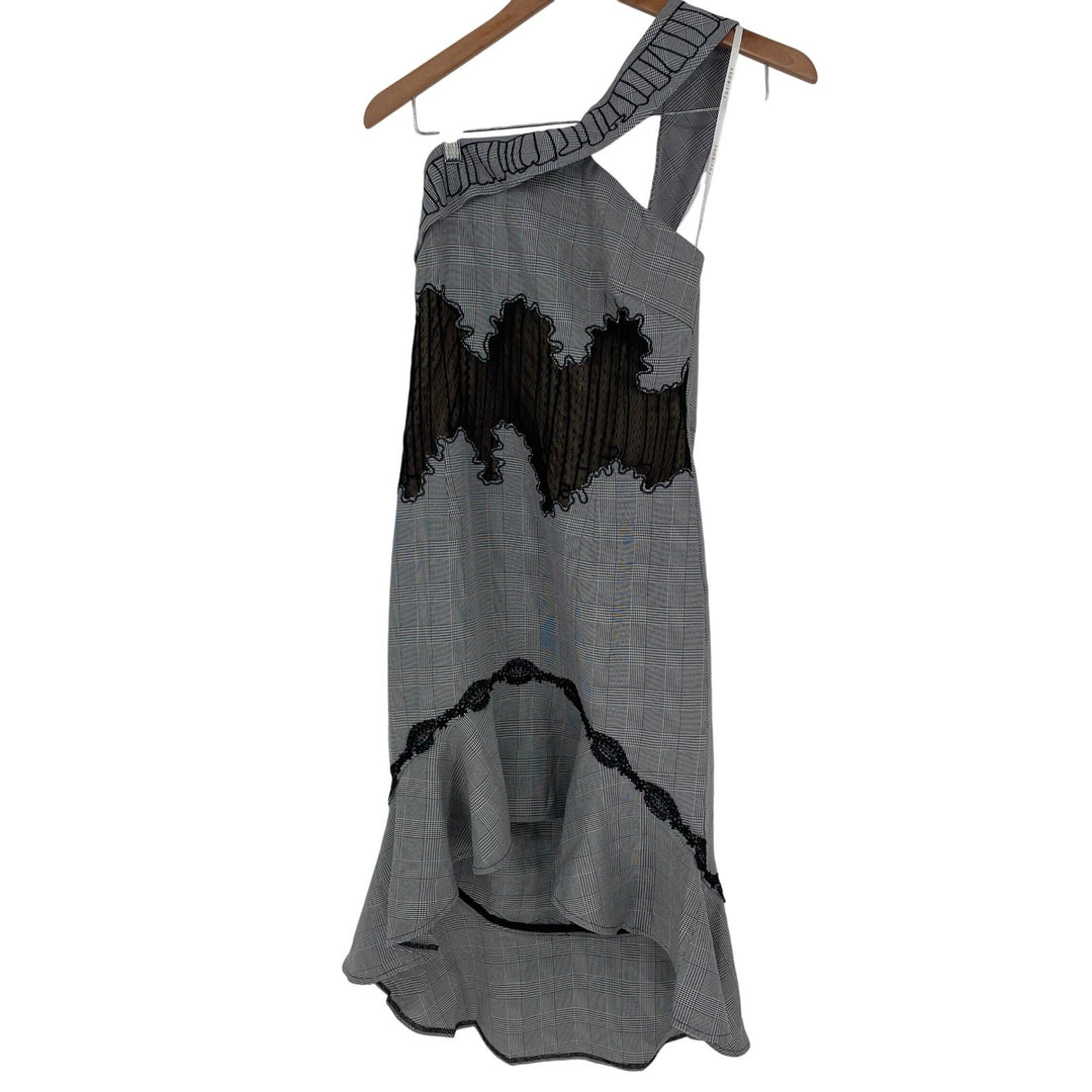 Foxiedox One Shoulder Plaid Ruffle Dress Black White Size 4