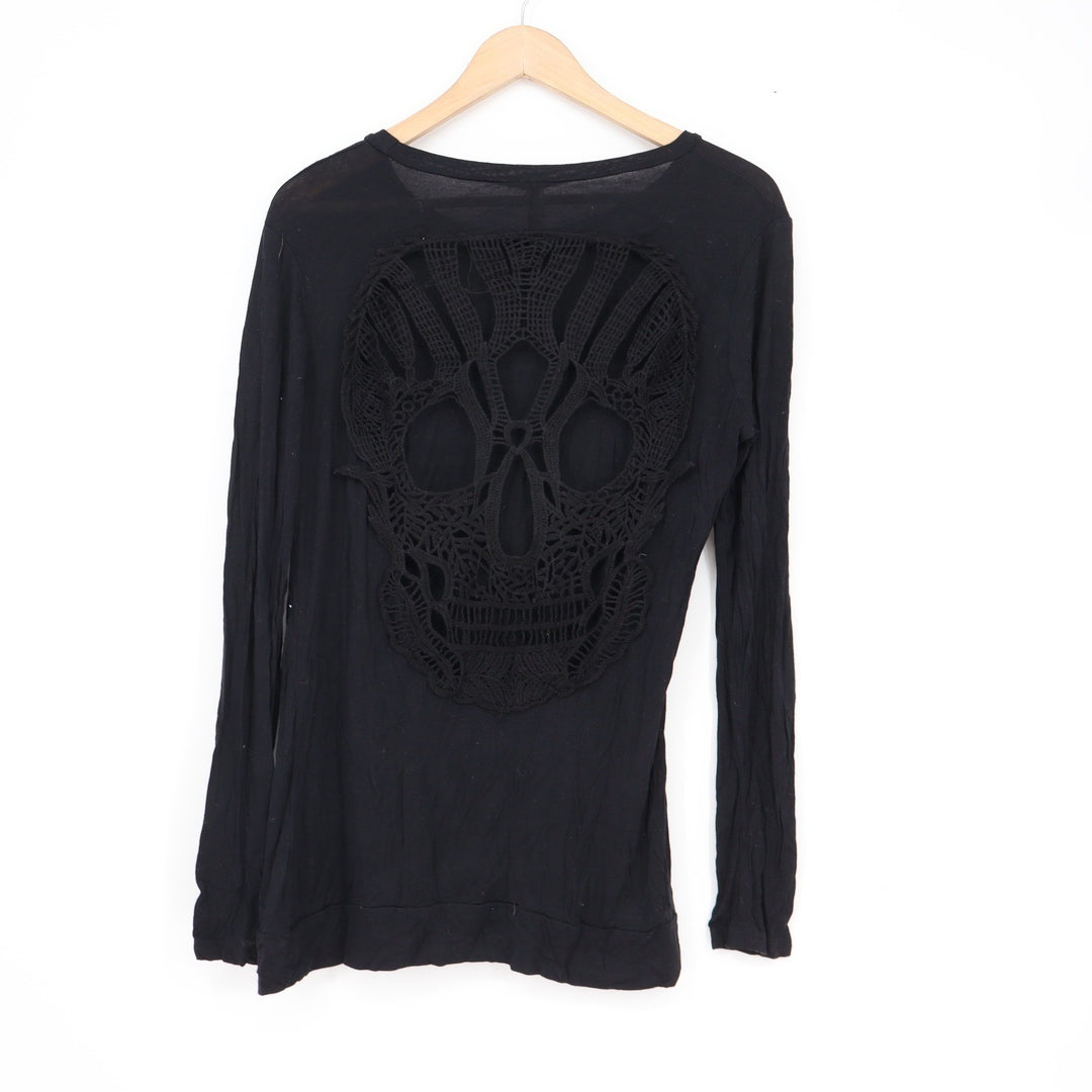 Hua Lan Black Long Sleeve Top Crochet Skull Back Cutout Size M