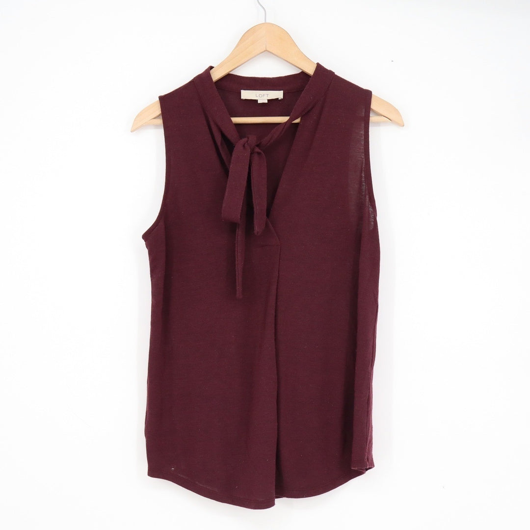 LOFT Womens Burgundy Tie Neck Sleeveless Knit Top V-Neck Solid Maroon Small
