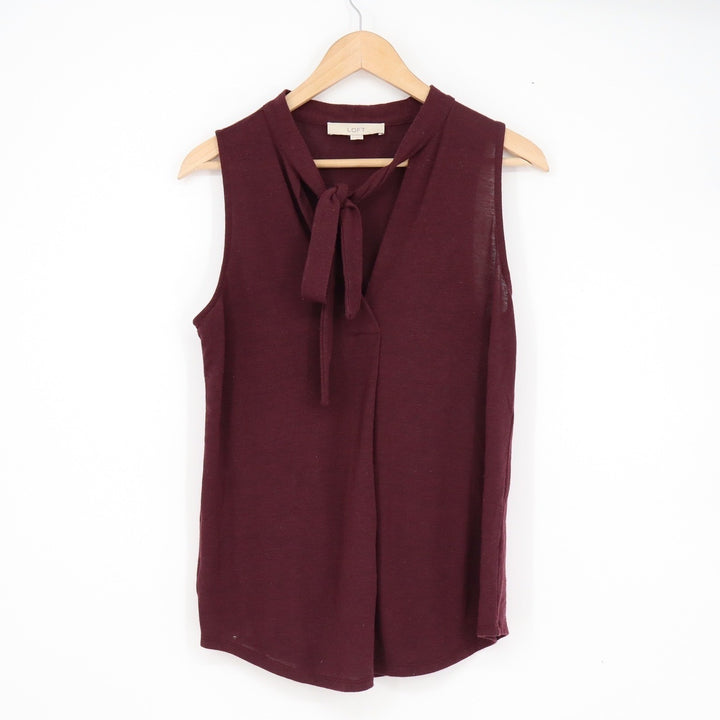 LOFT Womens Burgundy Tie Neck Sleeveless Knit Top V-Neck Solid Maroon Small