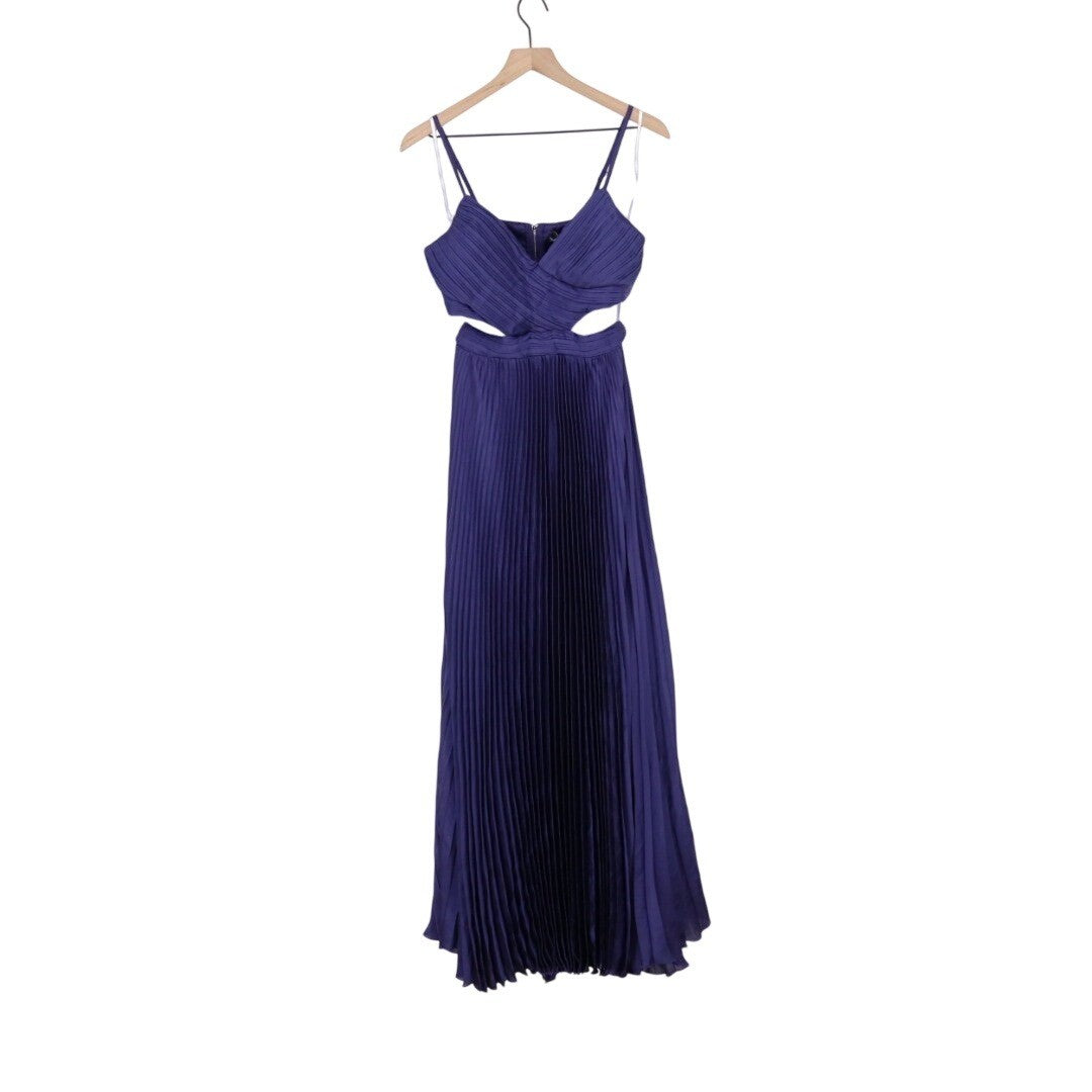 Lulus Got the Glam Maxi Dress Womens Small Navy Blue Lined Satin Pleated Cutout