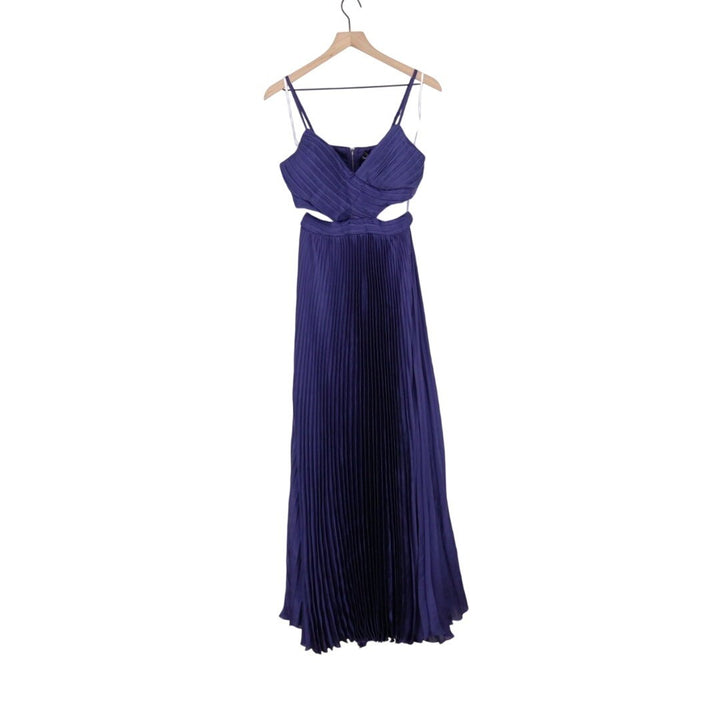 Lulus Got the Glam Maxi Dress Womens Small Navy Blue Lined Satin Pleated Cutout