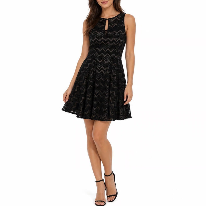Candies Black Lace Chevron Fit and Flare Mini Dress XS Sleeveless Keyhole Back