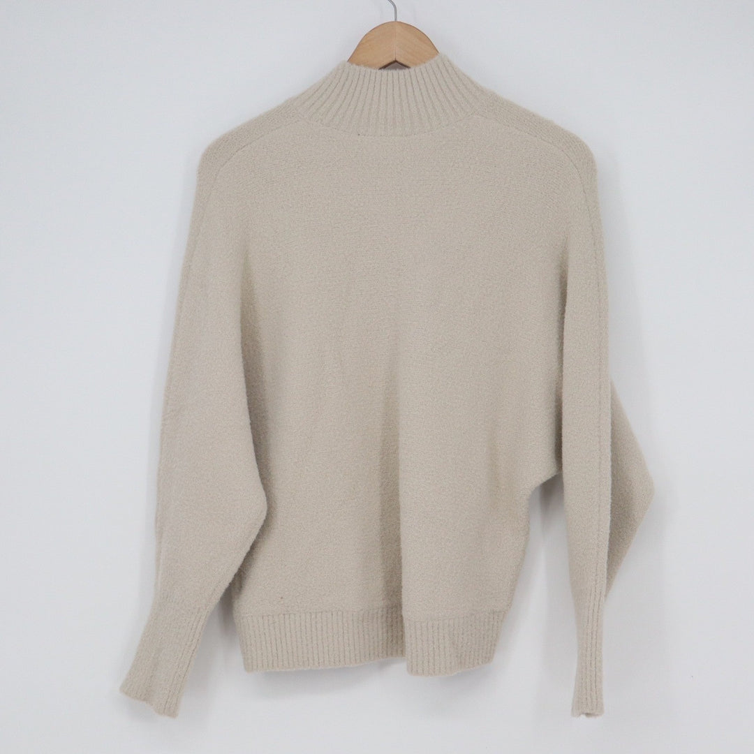 Express Womens Mock Neck Sweater Oatmeal Beige Fuzzy Knit Step Hem Size M