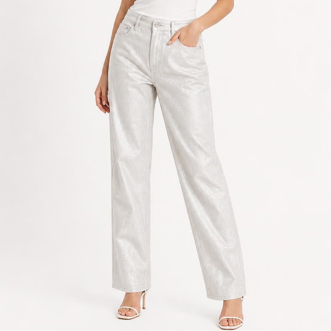 Old Navy Womens Metallic Silver High Rise Vintage Slim Jeans Size 6 Shiny Pants