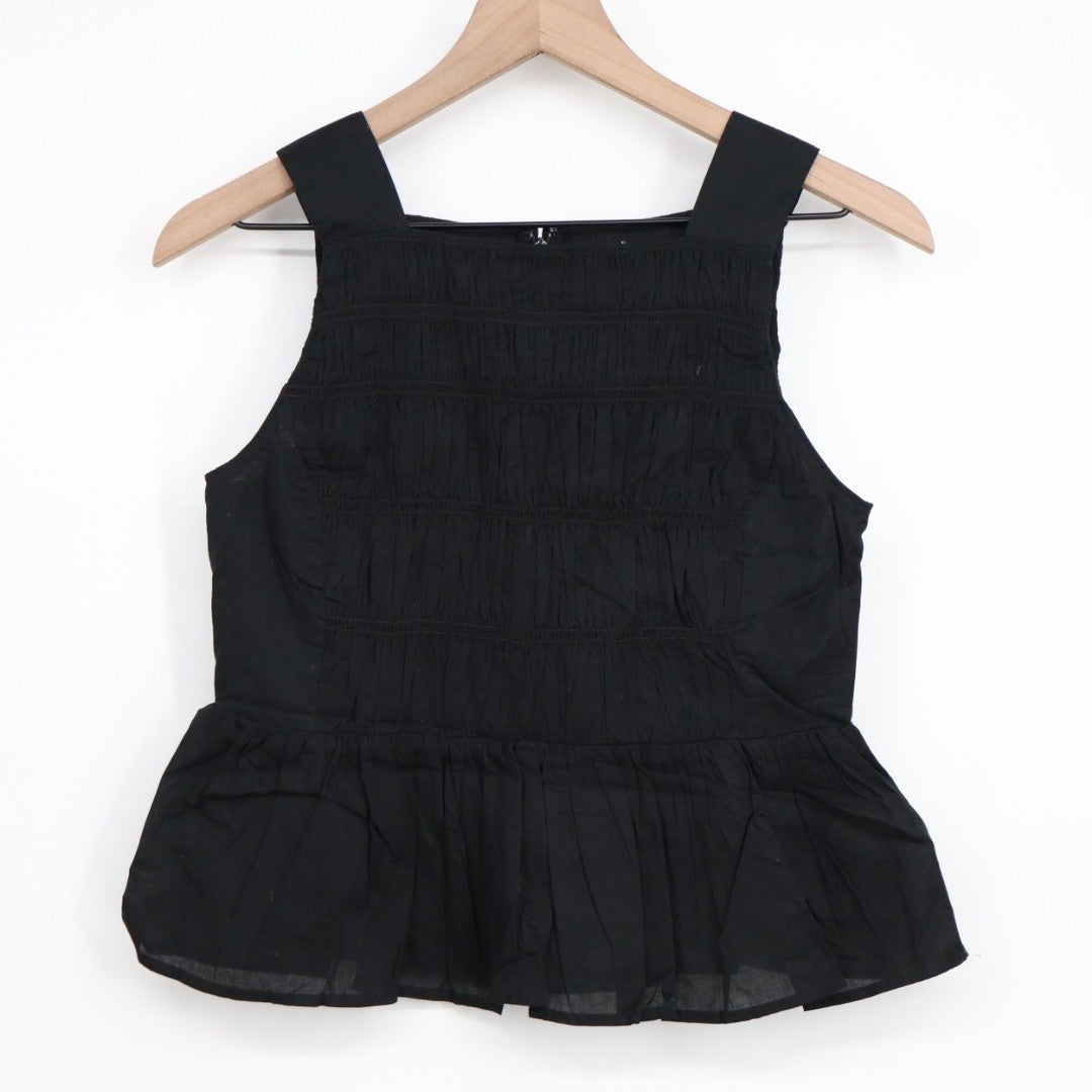 J.Crew Crop Top Womens 0 Black Cotton Smocked Back Zip Ruffle Hem Wide Strap