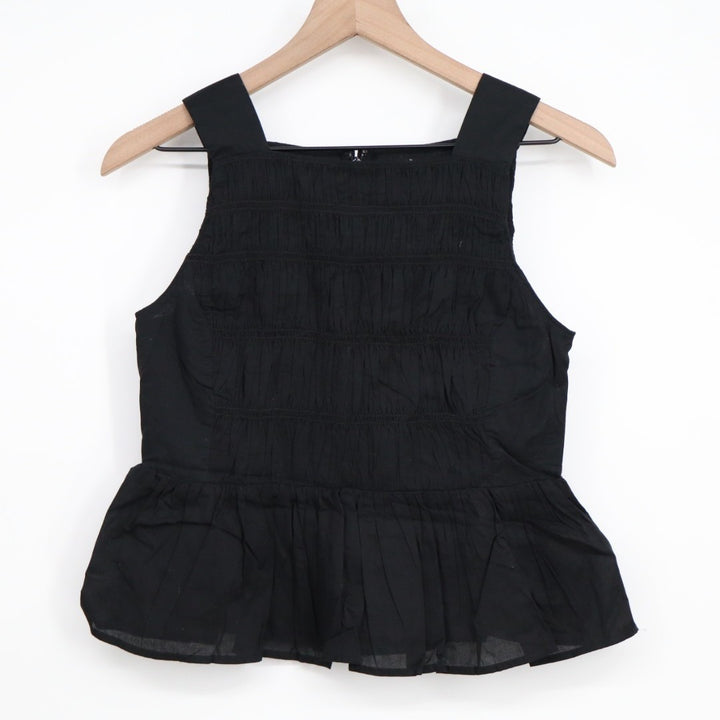 J.Crew Crop Top Womens 0 Black Cotton Smocked Back Zip Ruffle Hem Wide Strap