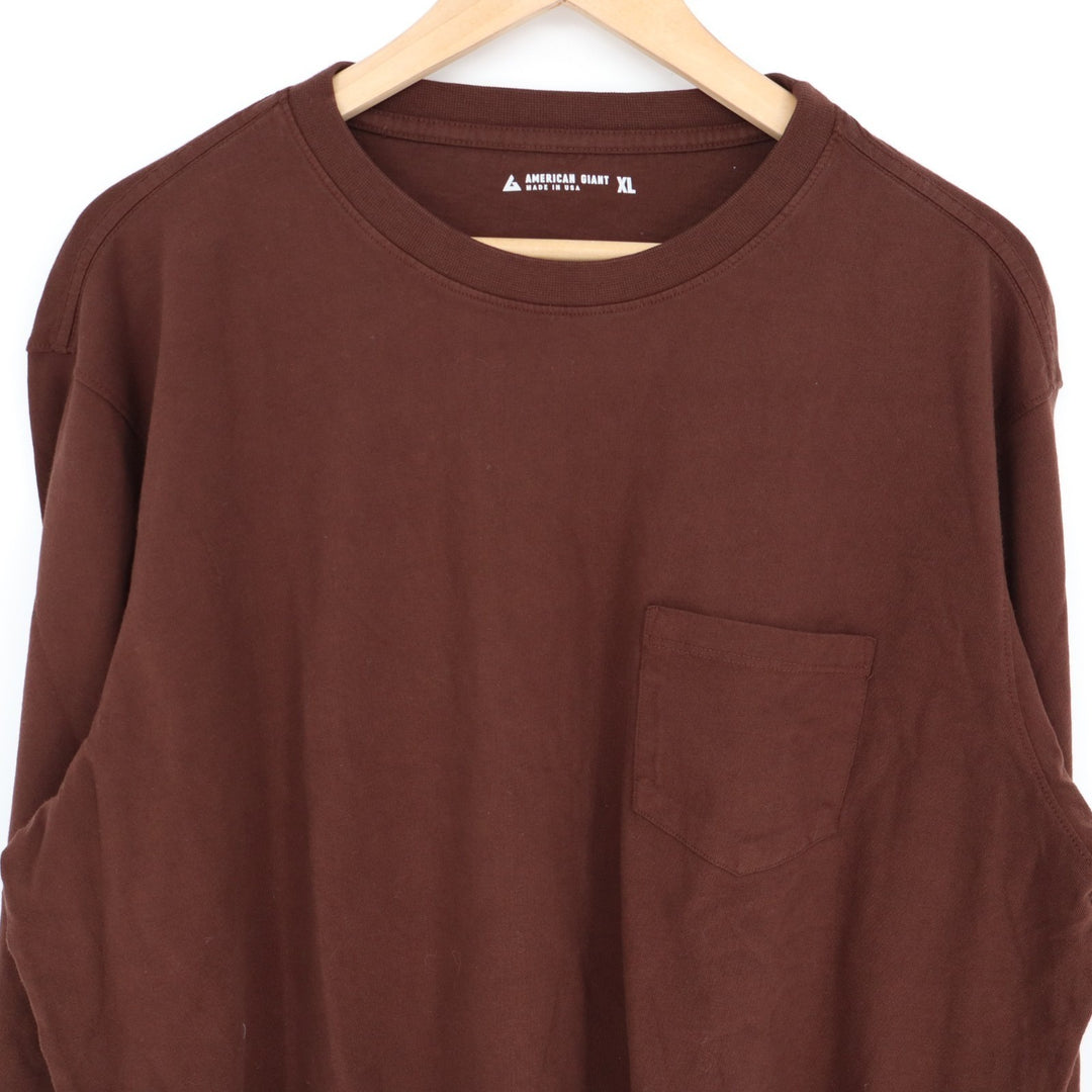 American Giant T-Shirt Mens XL Maroon Cotton Long Sleeve Front Pocket Crew Neck