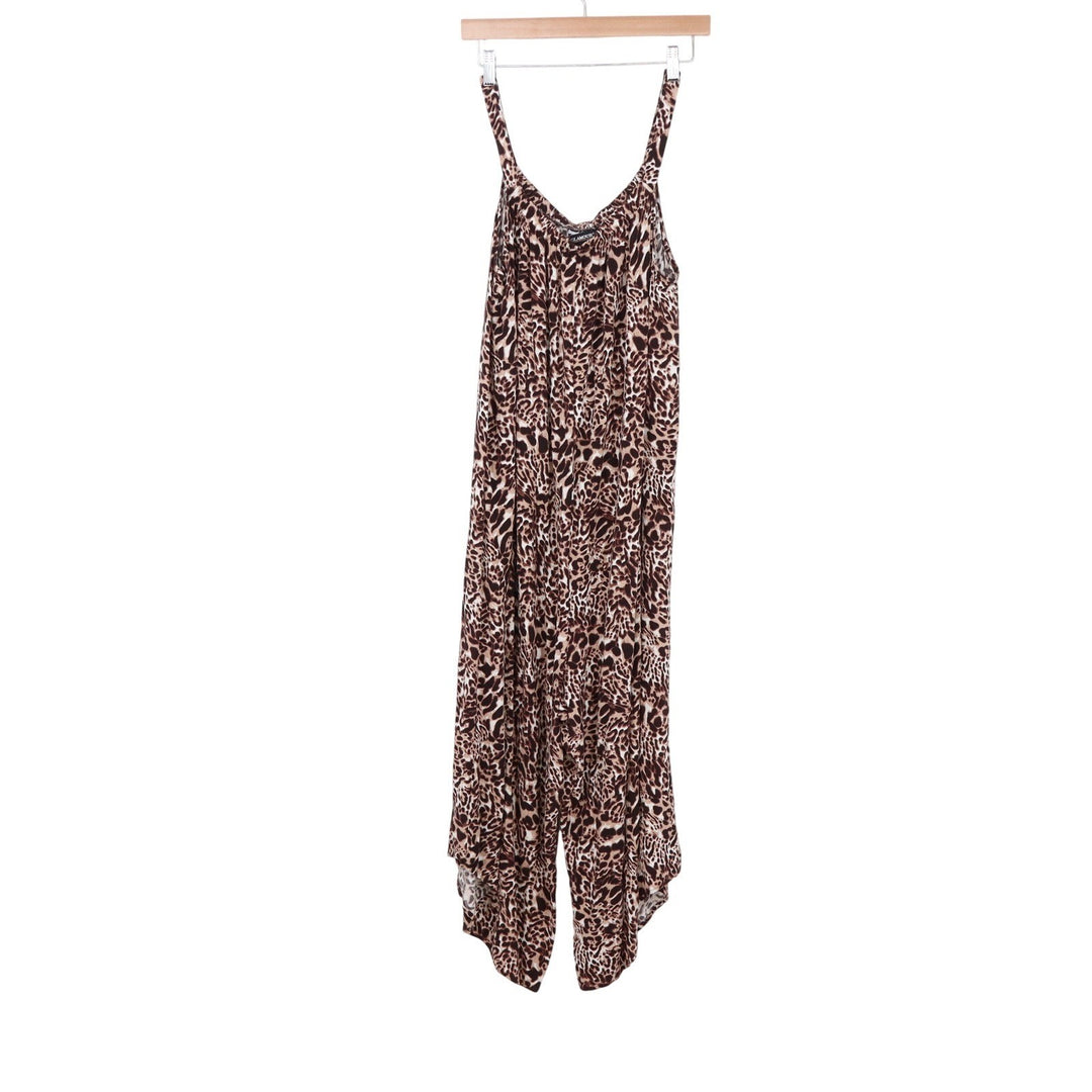 Glamour Brown Leopard Print Hanky Hem Wide Leg Jumpsuit 2X Sleeveless Rayon