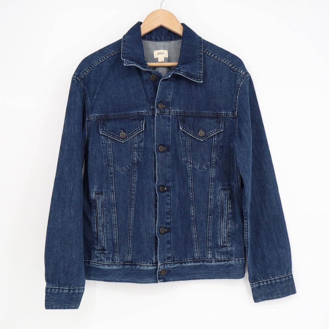 ABLE Dark Wash Denim Trucker Jacket Cotton Lyocell Blend Blue Size L
