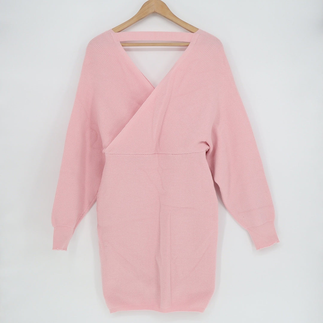 Pink Ribbed Knit Wrap Front Long Sleeve Back Cutout Mini Sweater Dress Large