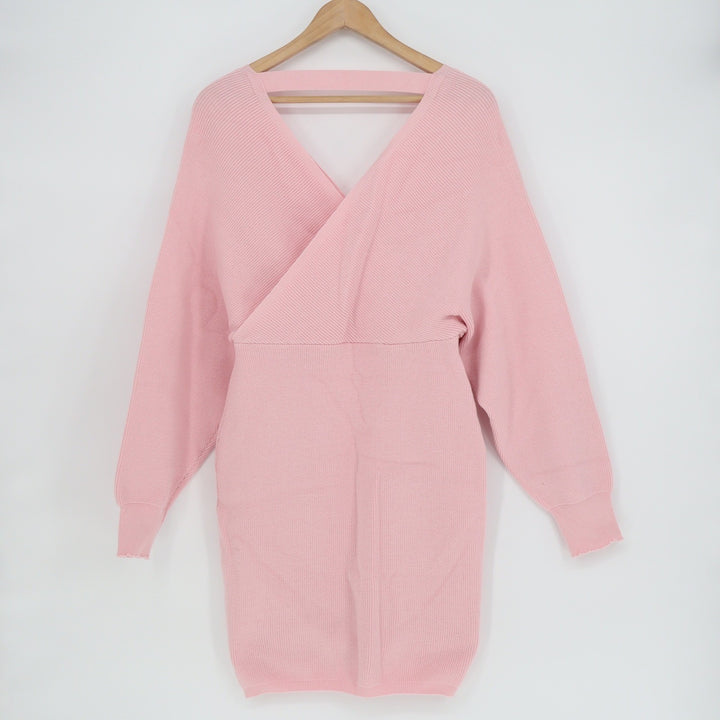 Pink Ribbed Knit Wrap Front Long Sleeve Back Cutout Mini Sweater Dress Large