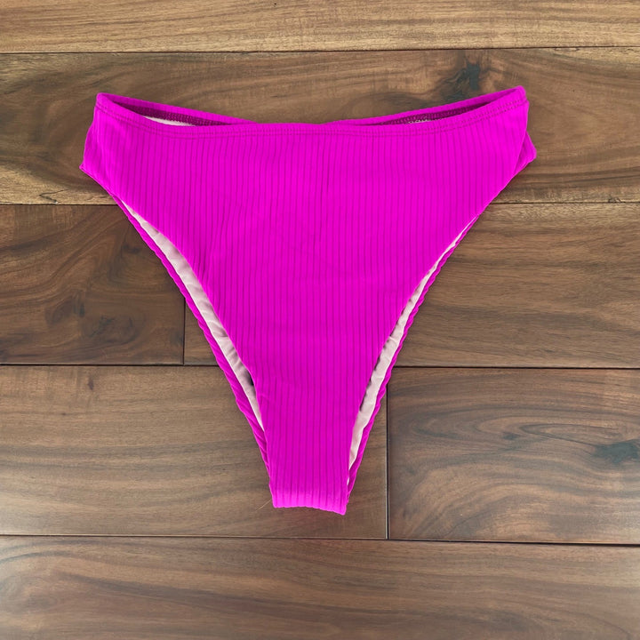 Lulus Ribbed High Waisted Bikini Bottoms Fuchsia Pink Size M