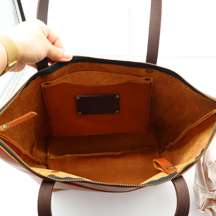 Portland Leather Goods Zipper Tote Bag Cognac Brown Full Grain Leather Large