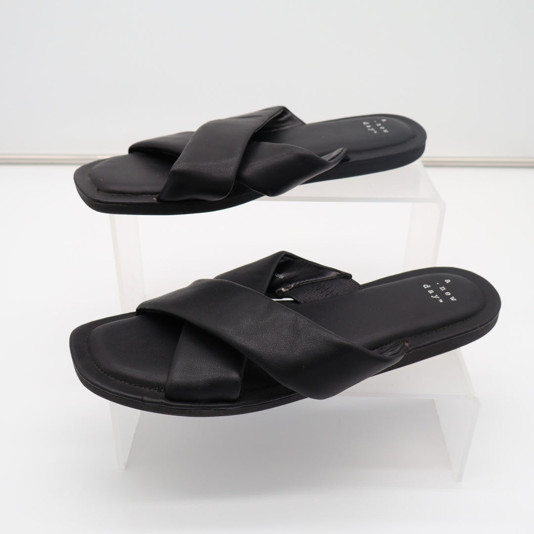 A New Day Slide Womens US 8.5 Black Leather Puffy Cross Strap Slip On Sandals