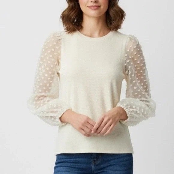 Maeve by Anthropologie Textured Puff Sleeve Top Ivory XXS