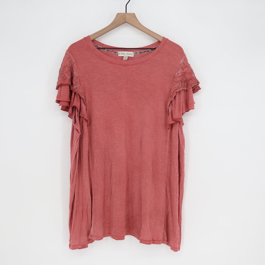 Knox Rose Dusty Rose Pink Ruffle Lace Sleeve Slub Knit Top Plus Size 2X Boho
