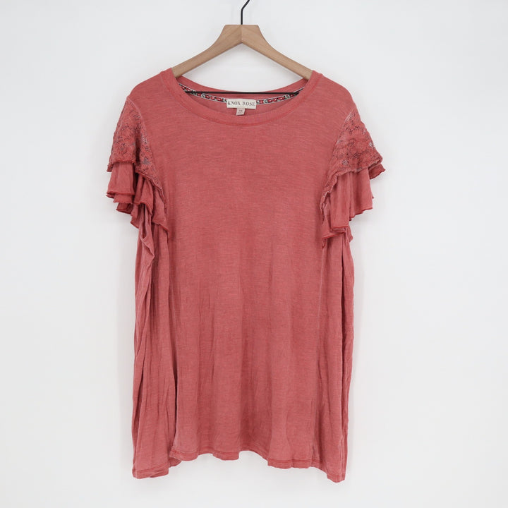 Knox Rose Dusty Rose Pink Ruffle Lace Sleeve Slub Knit Top Plus Size 2X Boho