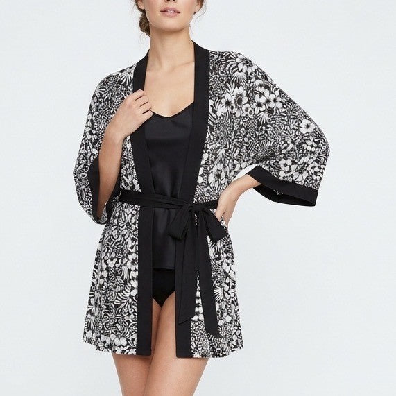Linea Donatella Wrap Robe Lingerie Womens M Black Floral Long Sleeve Sleepwear