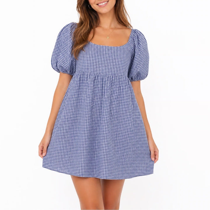 Old Navy Blue Gingham Puff Sleeve Smocked Mini Dress Womens Size M