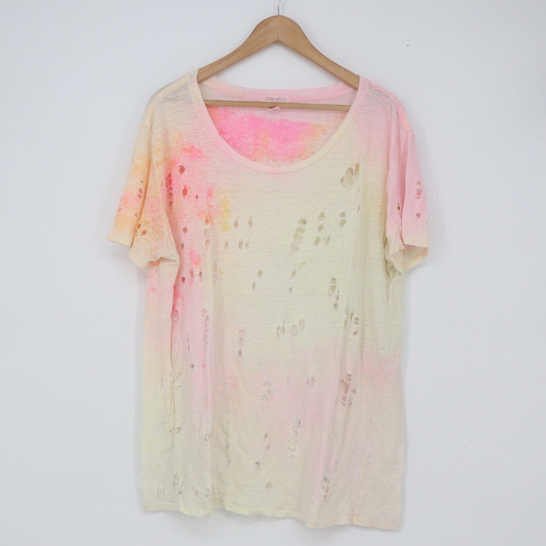Forever 21 T-Shirt Womens Large Tie Dye Pink Yellow Distressed Edgy Excellent