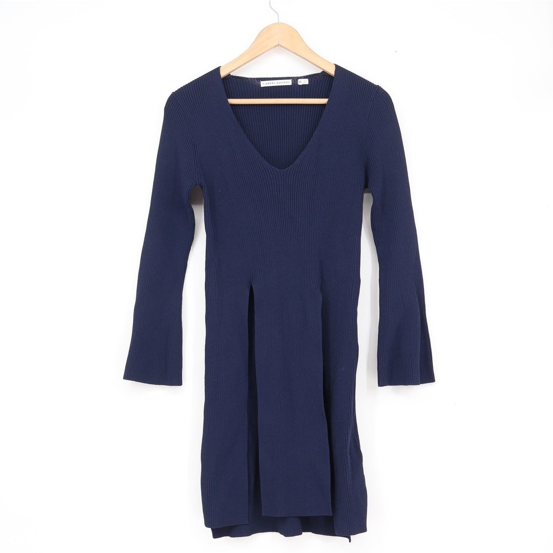 Finders Keepers Navy Blue Ribbed V-Neck Mini Dress Flared Sleeve XS