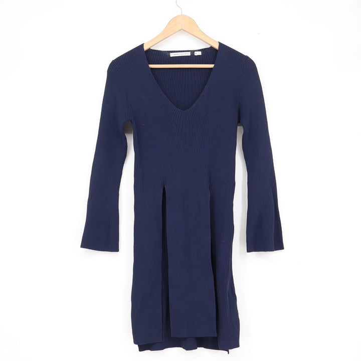 Finders Keepers Navy Blue Ribbed V-Neck Mini Dress Flared Sleeve XS