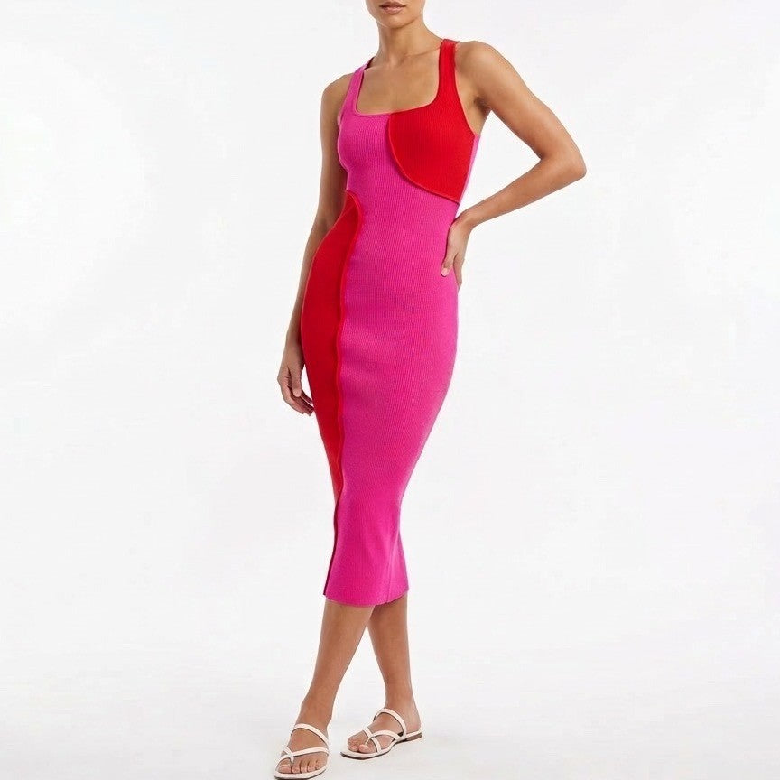 Naked Wardrobe Pink Red Colorblock Ribbed Racerback Midi Dress XS