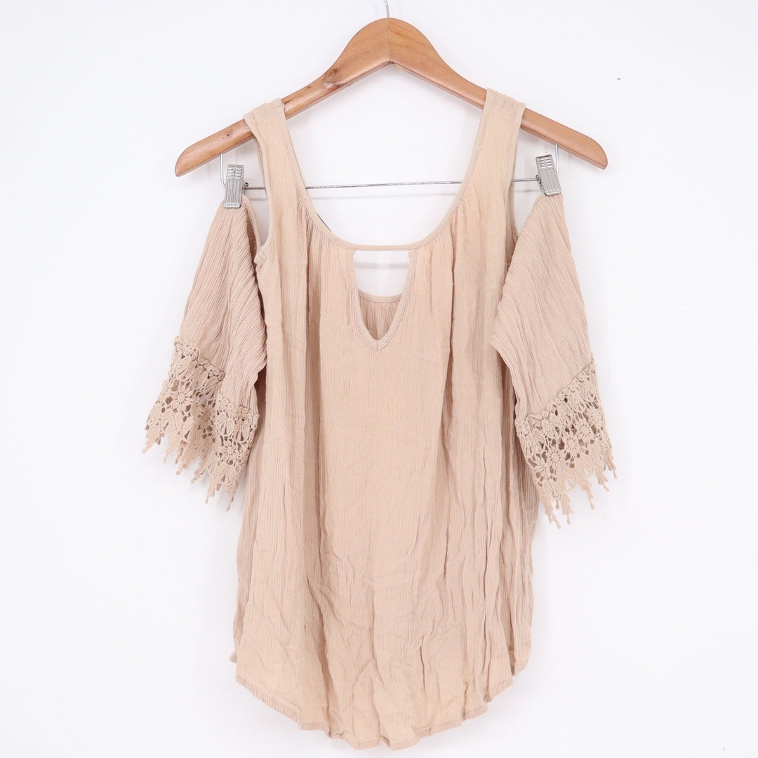 Ambiance Tan Cold Shoulder Crochet Lace Trim Boho Gauze Top Small