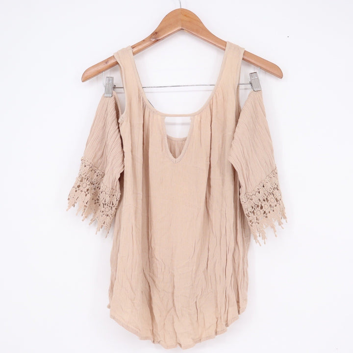 Ambiance Tan Cold Shoulder Crochet Lace Trim Boho Gauze Top Small