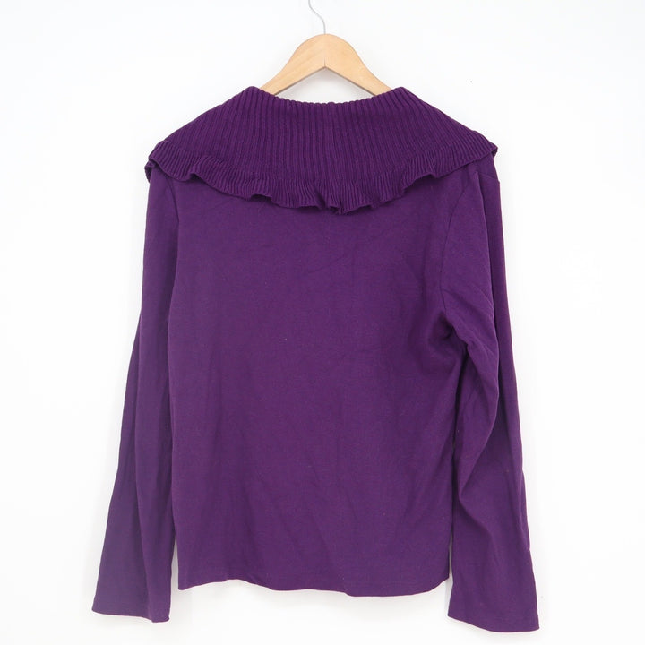 Rafaella Womens Purple Ruffle Portrait Collar Long Sleeve Rib Knit Top Large