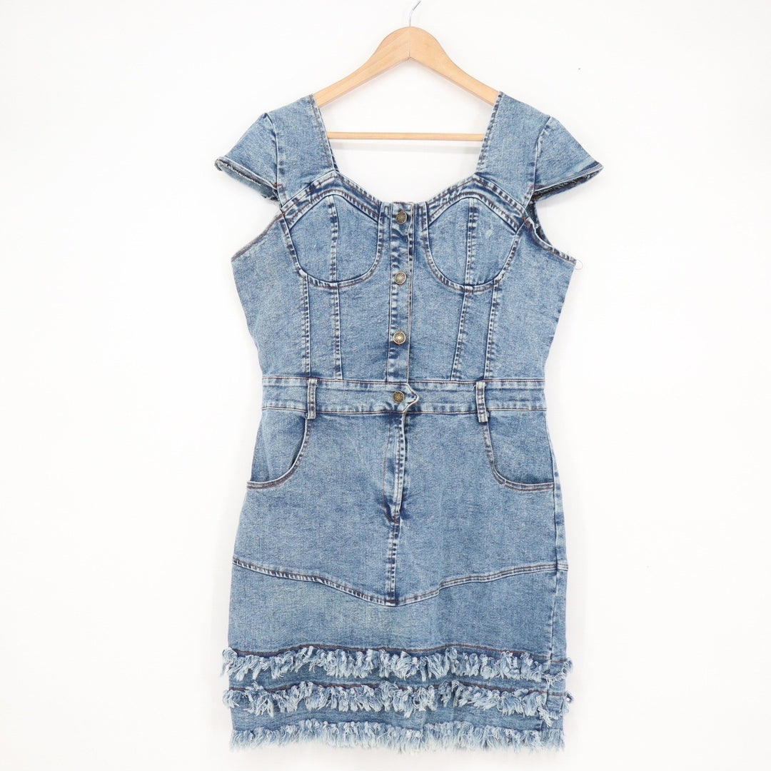 Acid Wash Denim Bustier Mini Dress Blue Fringe Hem XXL Cap Sleeve Western Style
