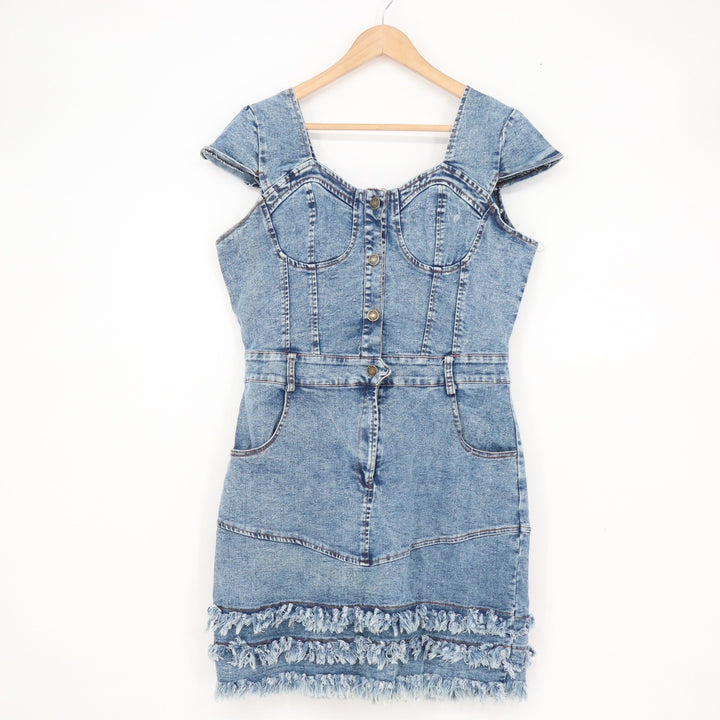 Acid Wash Denim Bustier Mini Dress Blue Fringe Hem XXL Cap Sleeve Western Style