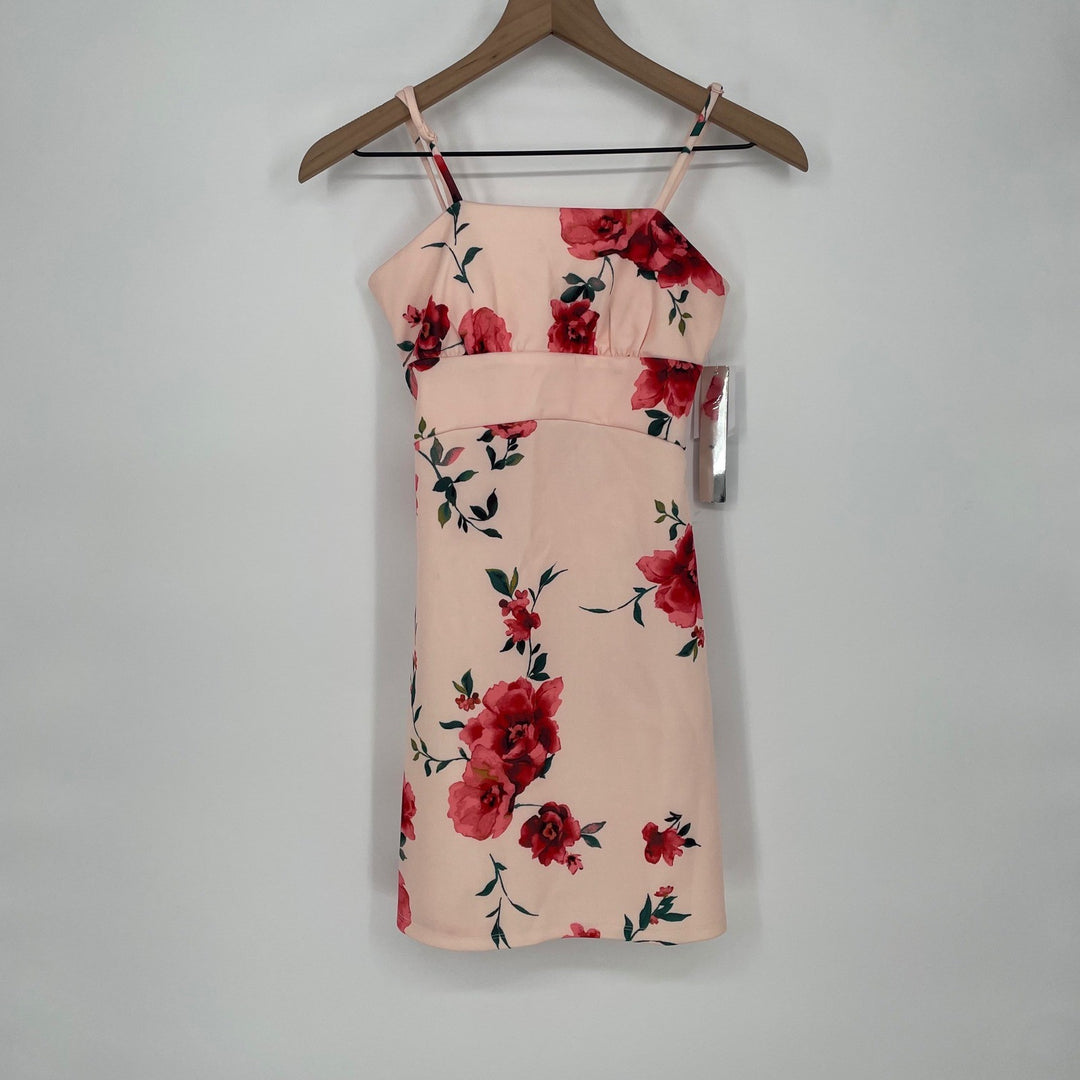 Sequin Hearts Floral Print Pink Square Neck Cutout Back Mini Dress Size 1