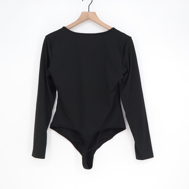 Black Square Neck Long Sleeve Corset Seam Bodysuit XXL