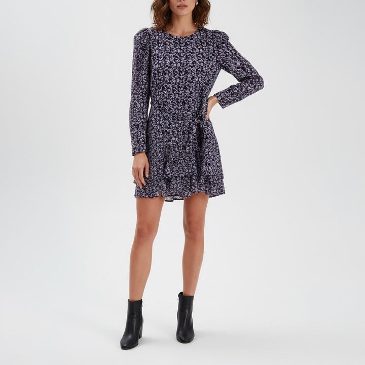 ZARA Floral Print Long Sleeve Wrap Dress Purple Black Size S