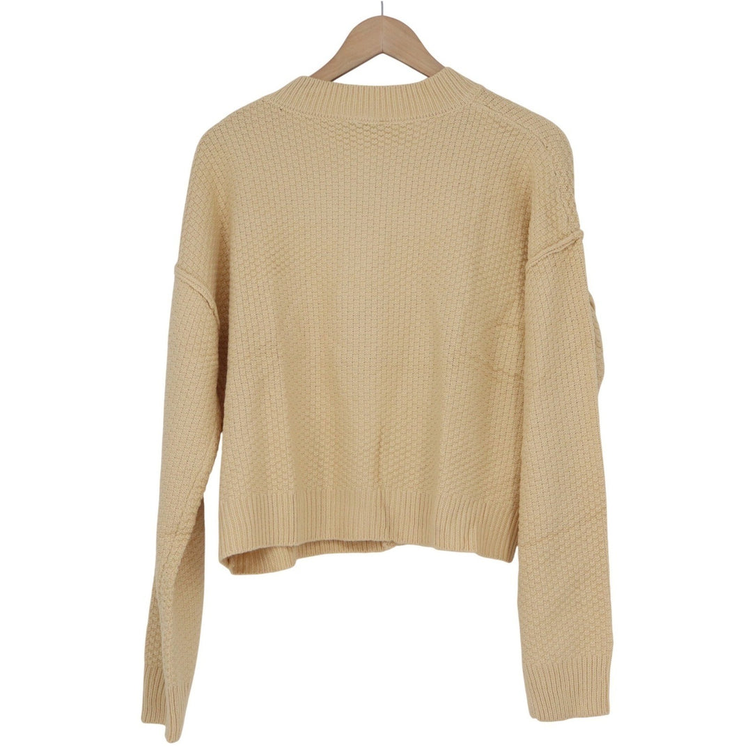 Fashion Women Yellow Textured Knit Button Front Cardigan Sweater L