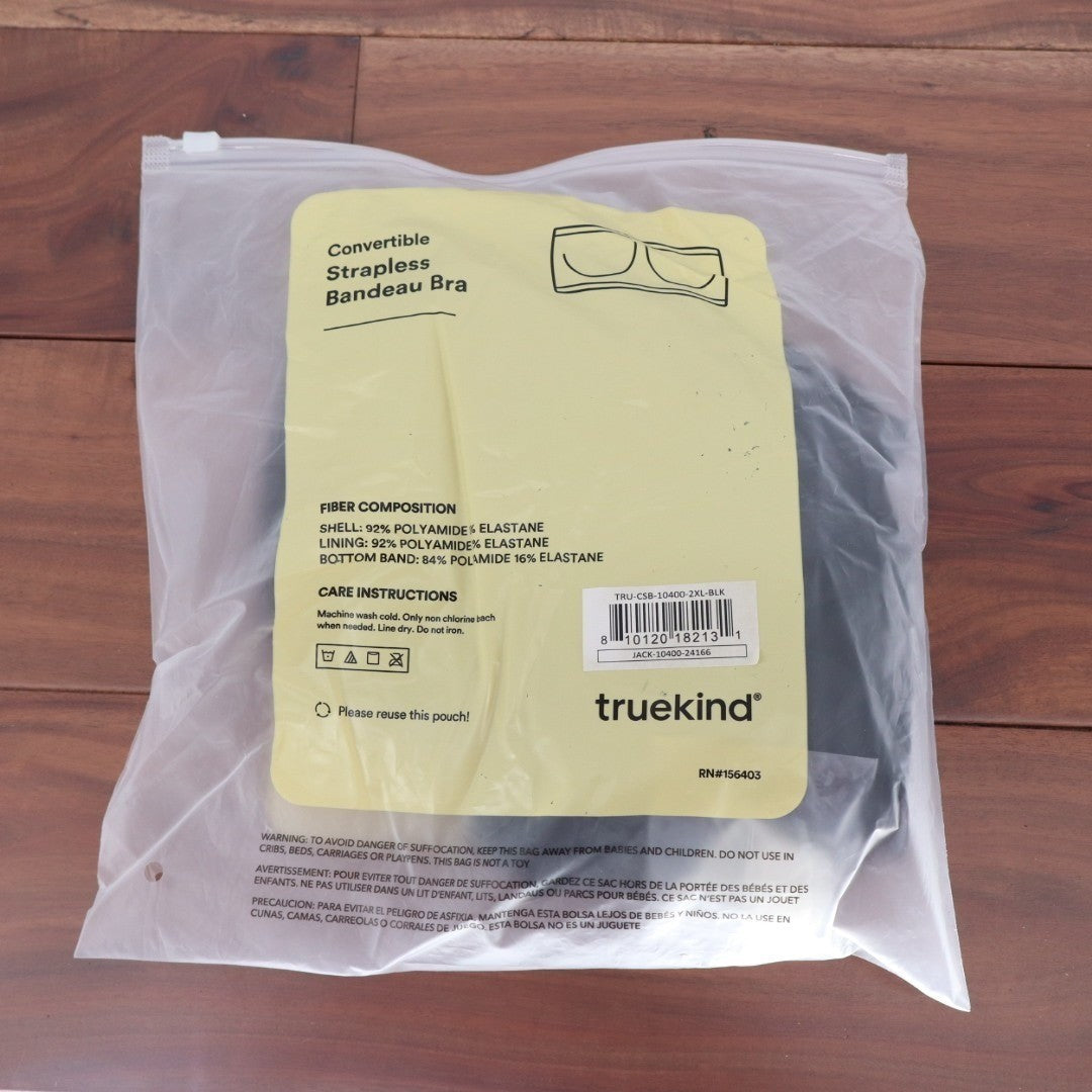 Truekind Convertible Strapless Bandeau Bra Women 2XL Black Stretch Wireless
