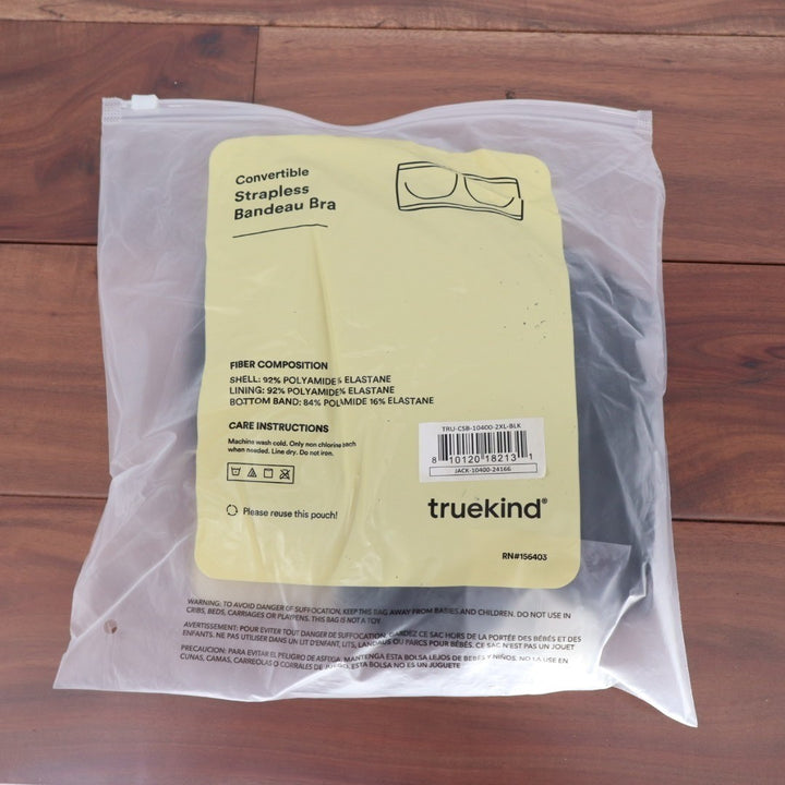 Truekind Convertible Strapless Bandeau Bra Women 2XL Black Stretch Wireless