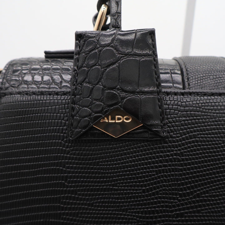 Aldo Black Croc Lizard Embossed Top Handle Satchel Bag Gold Padlock Detail